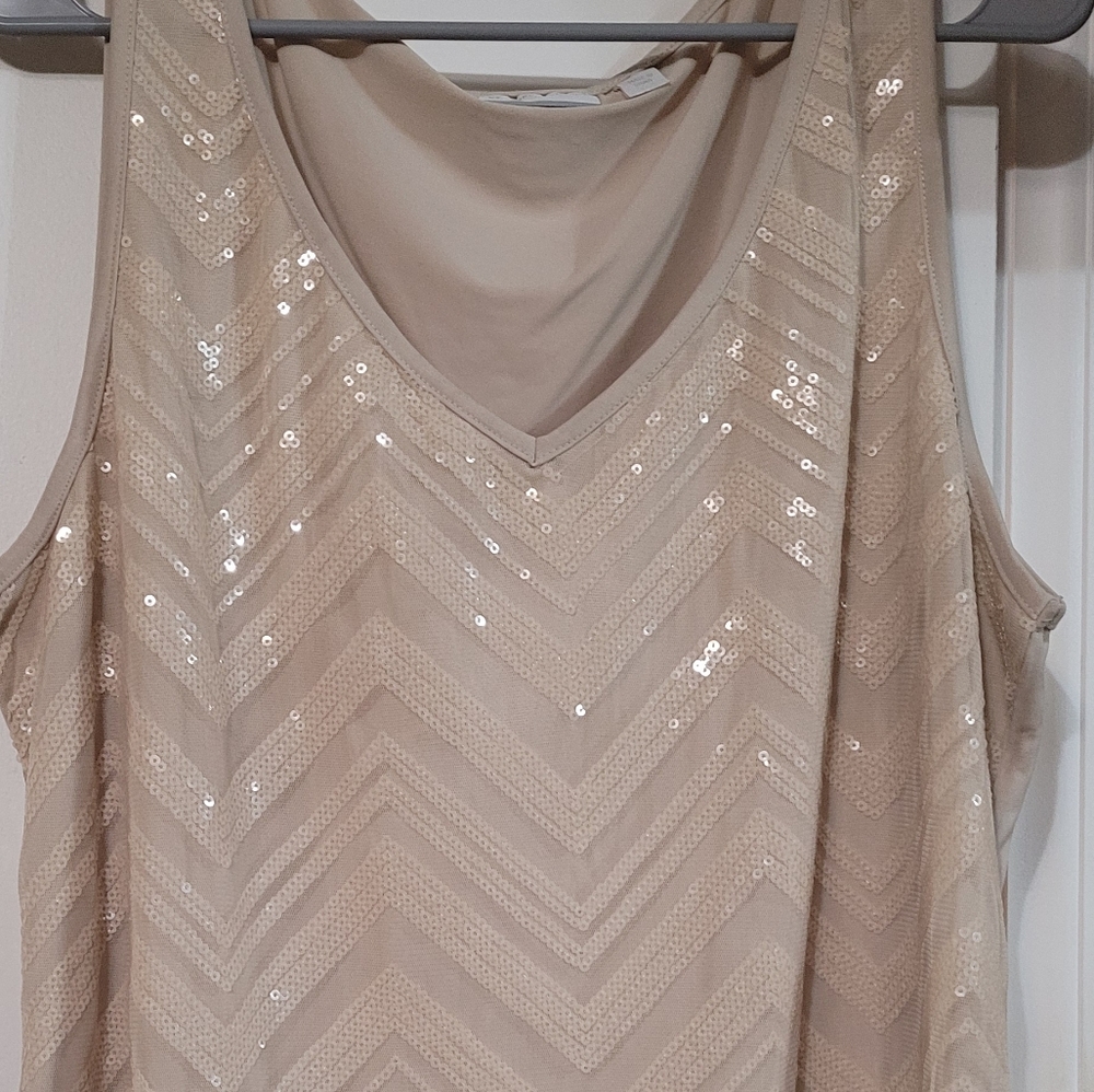Beige Sheer With Sequence Over Solid Tank Top. - image 1
